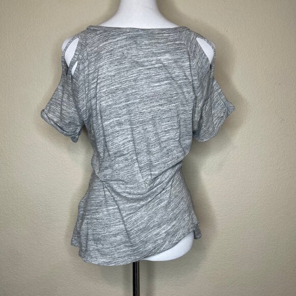 Zara Trafaluc S Gray Floral "ME IS ALL YOU NEED" Distressed Cold Shoulder Top Sm - Picture 5 of 11